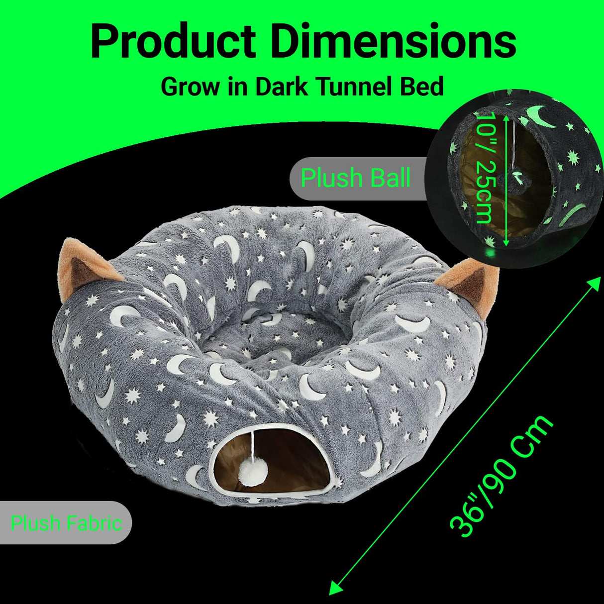 LUCKITTY Cat Tunnel Bed Under Christmas Tree with Plush Ball Toy Playground Crinkle Collapsible Self-Luminous Flannel Fabric 3FT for Large Cats Kittens Kitty Small Animals Puppy Grey Moon Star