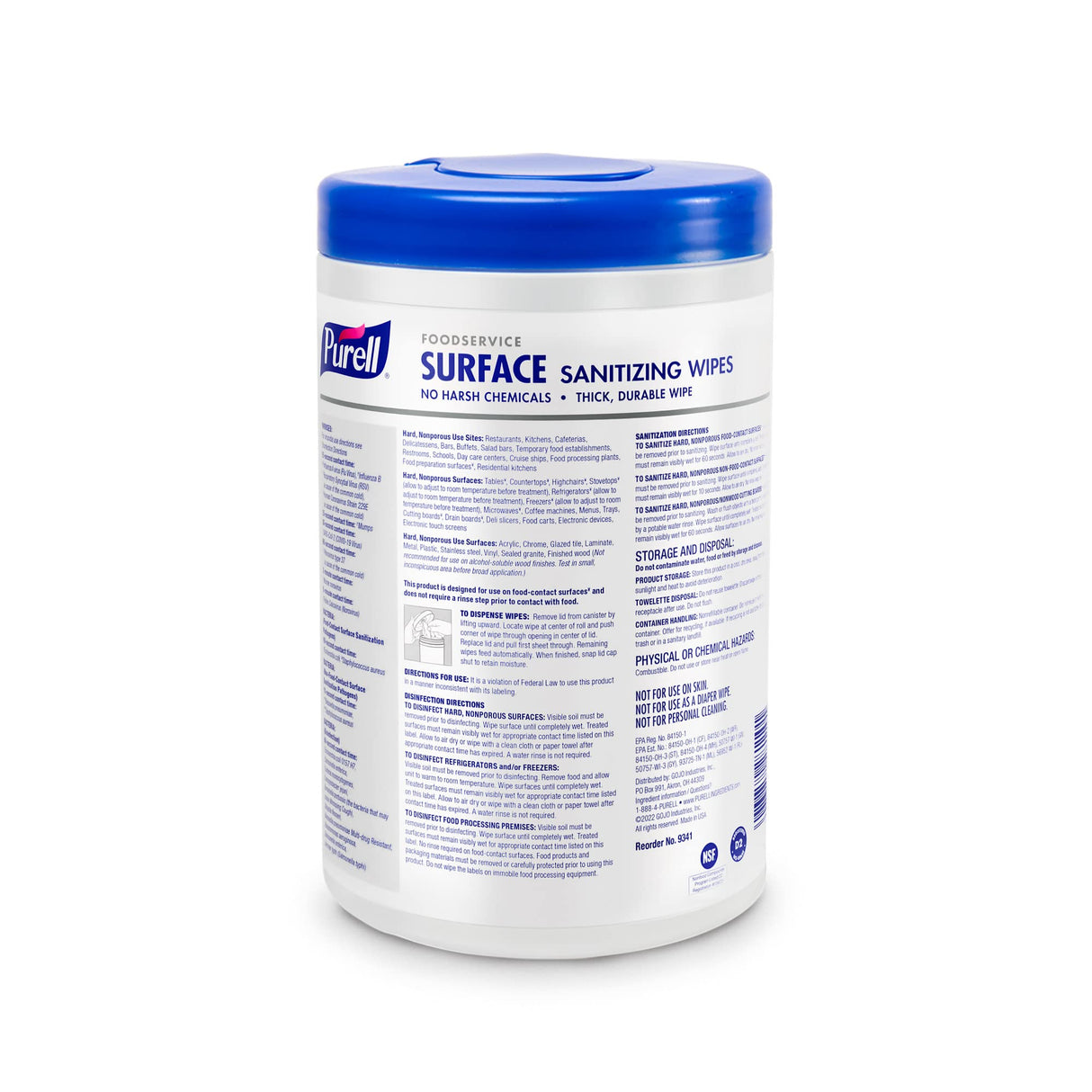 PURELL Foodservice Surface Sanitizing Wipes, Fragrance Free, 110 Count Canister, 7"x 10" Wipes (Pack of 6) - 9341-06