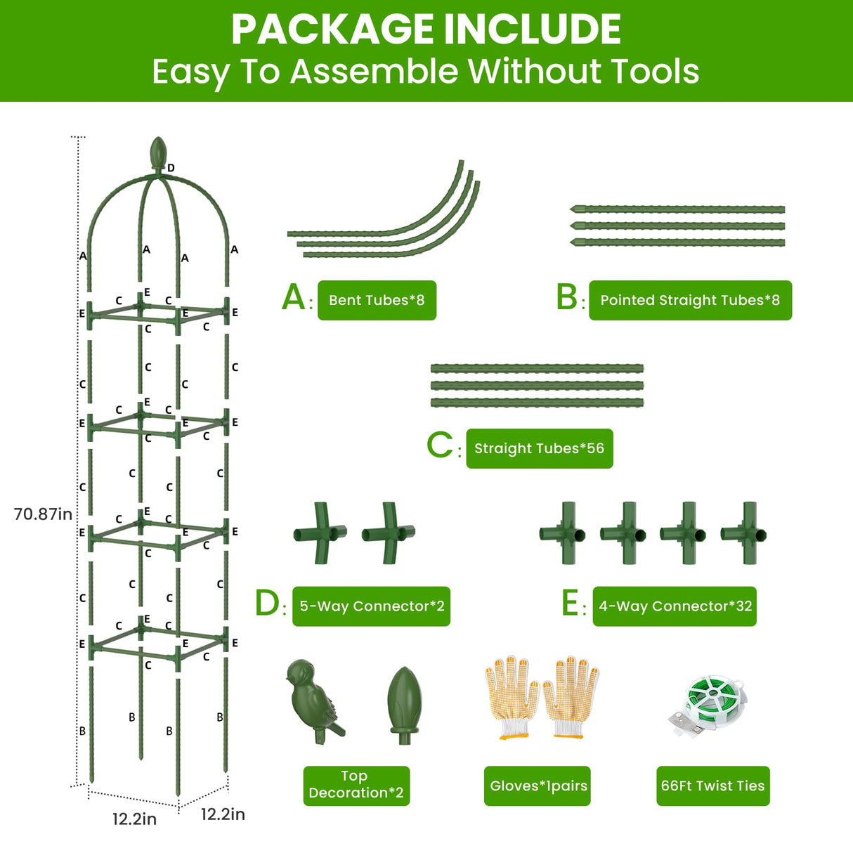 2 Pack Garden Obelisk Trellis for Climbing Plants, 71" Rustproof Metal Tower Plant Support Cages, Rose Trellis for Tomato Potted Flowers Vegetables Vines, Indoor Outdoor Garden Patio