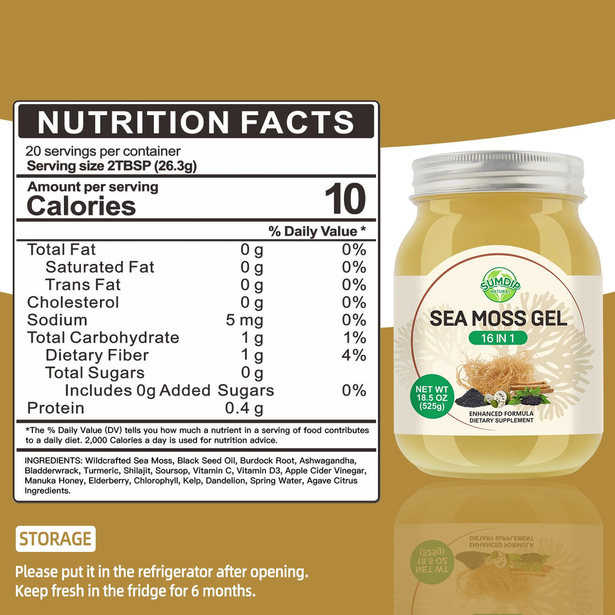 Sea Moss Gel 16 in 1 - Irish Sea MossGel 18.5OZ with Wildcrafted SeamossGel, Black Seed Oil, Burdock Root, Ashwagandha, Bladderwrack - Rich in Vitamins & Minerals - Non-GMO & Natural