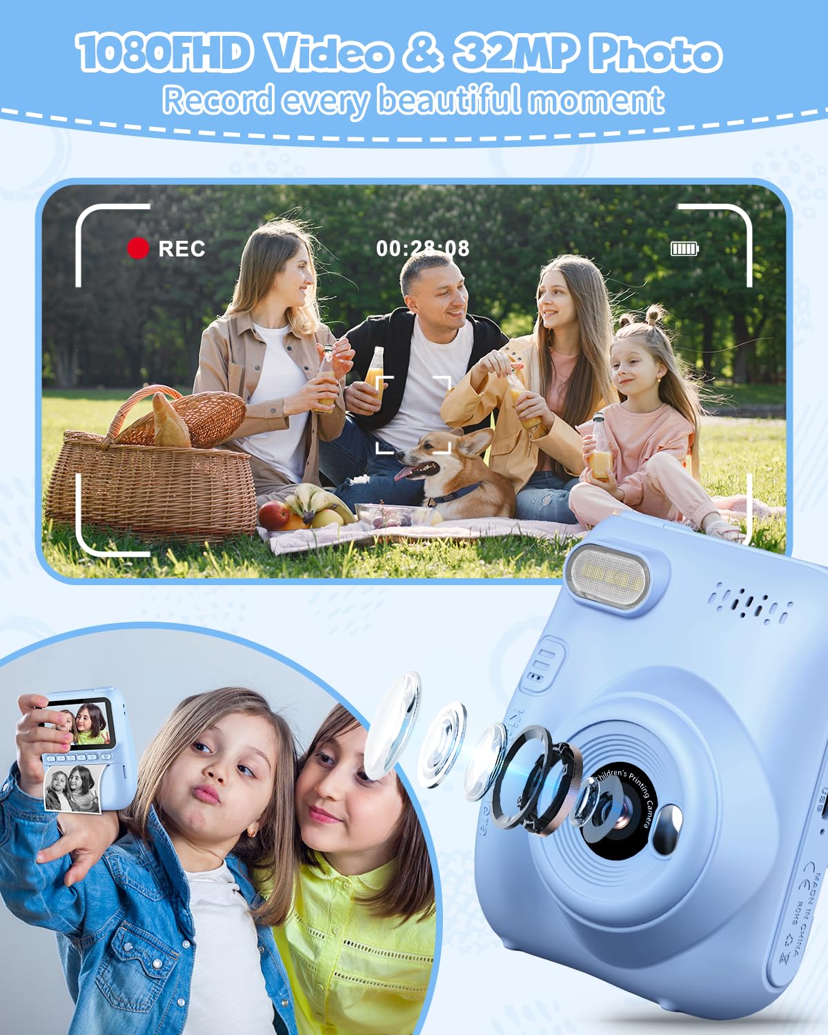 Kids Instant Print Camera, 3.0-inch HD Screen 32MP Photo Instant Digital Camera Christmas Birthday Gifts Toys for Children Girls Boys Age 3-12 - Blue