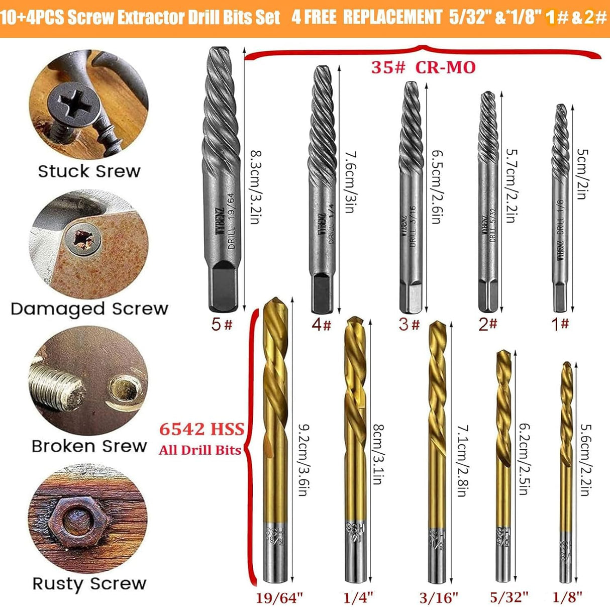 14Pcs Screw Extractor and Left Hand Drill Bits Set, Easy Out Screw Extractor Set, Broken Bolt Extractor Kit Bolt Remover, Reverse Cobalt HSS Steel Drill Bit for Remove Stripped Screws and Broken Bolts