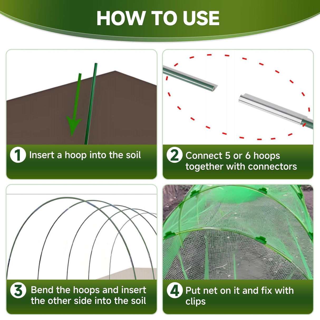 Nsitehalo 36pcs Garden Hoops for Raised Beds with Garden Netting, Rust-Free Fiberglass Greenhouse Hoops Grow Tunnel & Clips, Hoop House Support Frame for Row Cover & Plant Stakes for Vegetables