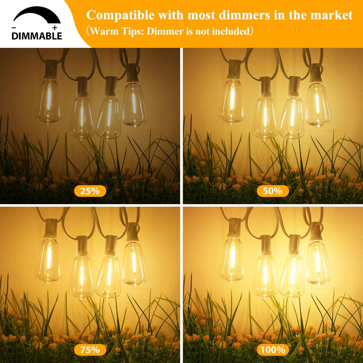 Brightever 50FT Outdoor String Lights Weatherproof, Patio Lights with 25+2 ST38 Edison Shatterproof Bulbs, Commercial Grade Warm White LED String Lights Decorative for Christmas, Wedding, Party, White