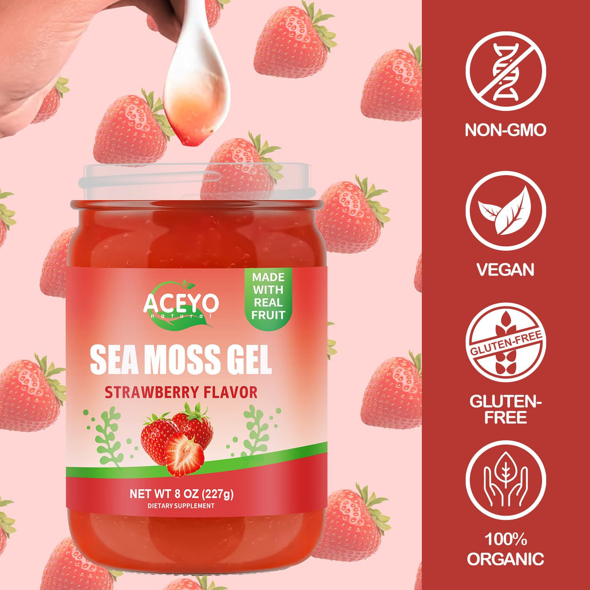 (8 OZ) Natural Sea Moss Gel Raw Strawberry Flavor Irish Seamoss Gel Vegan Women Men 102 Vitamins and Minerals Wild Harvested Non-GMO Immune Defense Booster Lung Thyroid Digestive Support