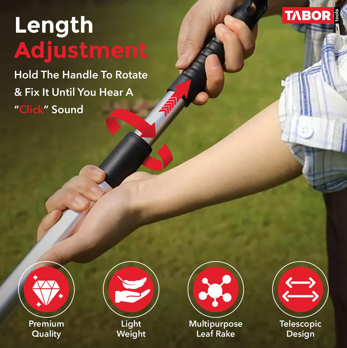 TABOR TOOLS J16A Adjustable Metal Rake with Expandable Head 8-23", Collapsible & Telescopic Leaf Rake for Lawns, Garden & Yard, Ideal for Leaves, Shrubs & Small Areas