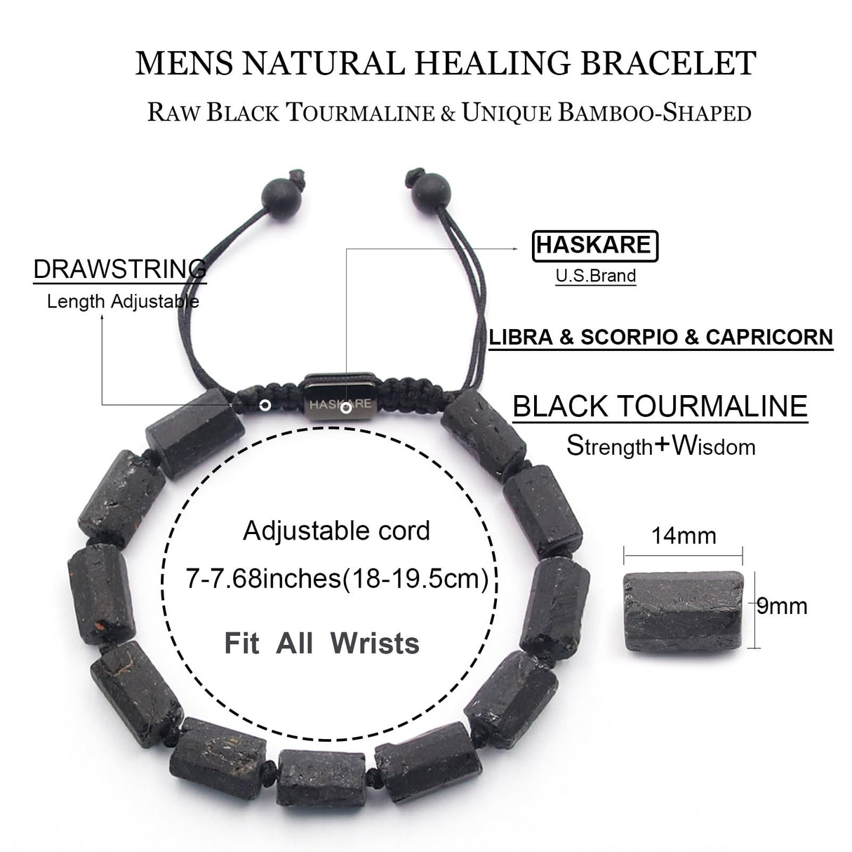 HASKARE Natural Stone Tourmaline Crystal Bracelets for Men, Protection Crystals Raw Black Tourmaline Beads Bracelet, Mens Energy Healing Bracelets for Anxiety, Handmade Bracelet Gifts for Men