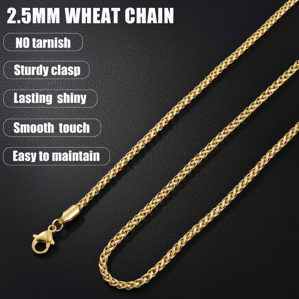 Fiusem 14K Gold Plated Wheat Chain Necklace for Men, 2.5mm 14K Gold Plated Stainless Steel Necklace Chains for Men and Women 24 Inch