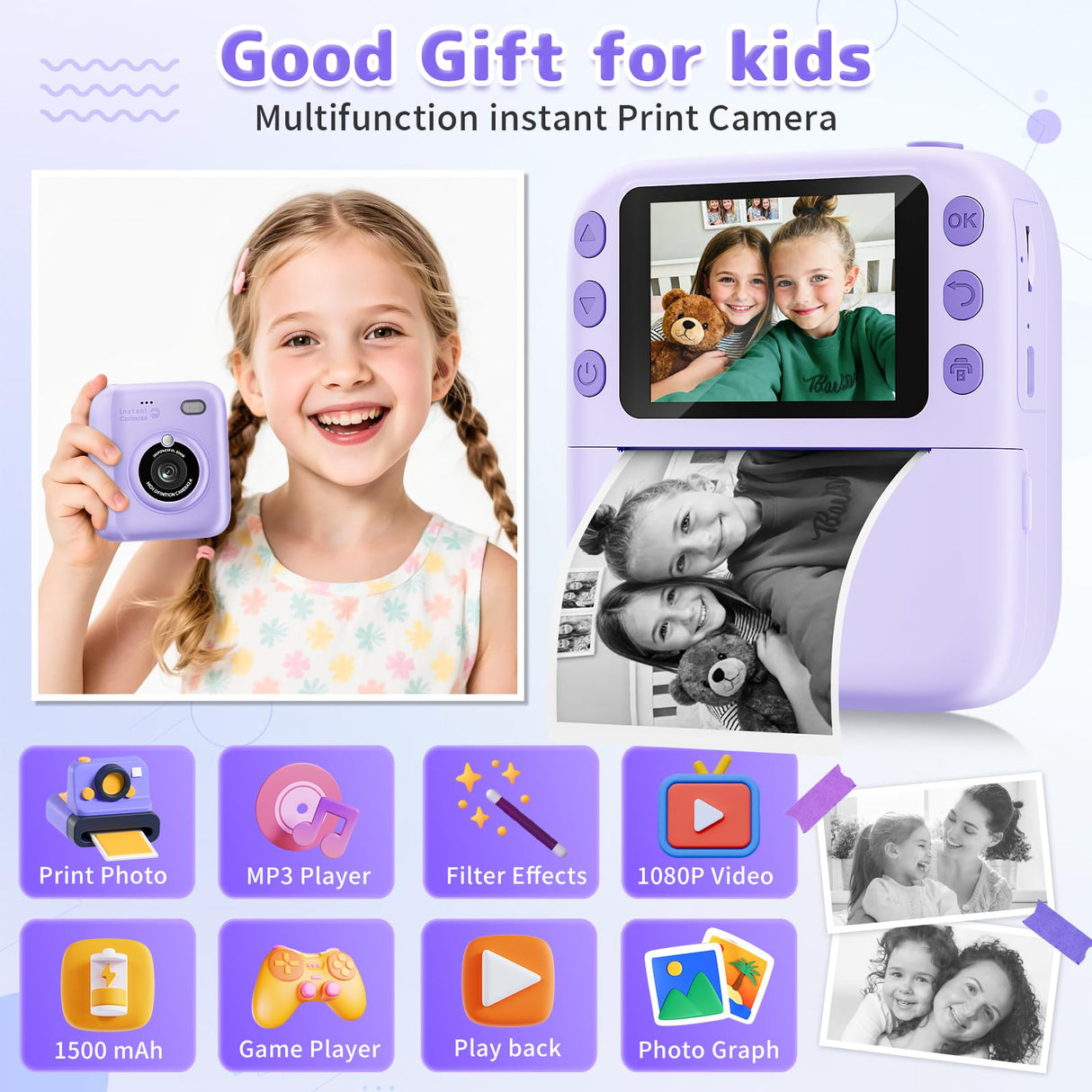 Instant Print Camera for Kids, Christmas Birthday Gifts for Girls Boys, 1080P Instant Digital Print Cameras for Toddler,Portable Toy for 4 5 6 7 8 9 10 Year Old Girl with 32GB SD Card,Purple