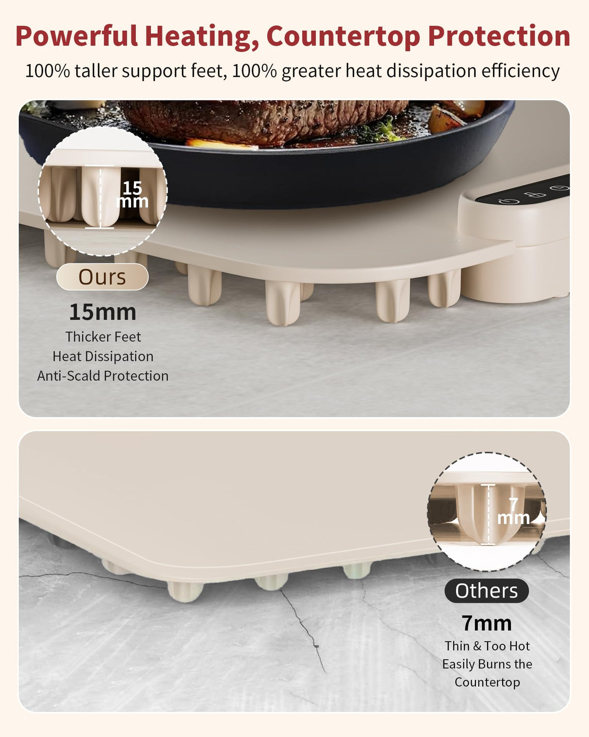 Warming Mat for Food, Upgraded Fast-Heating Electric Warming Tray with 7 Temp Levels & 8 Timers, Buffet Raised Feet & Rollable Silicone Heat Pad, Portable Food Warmer for Home, Party & Travel (Beige)