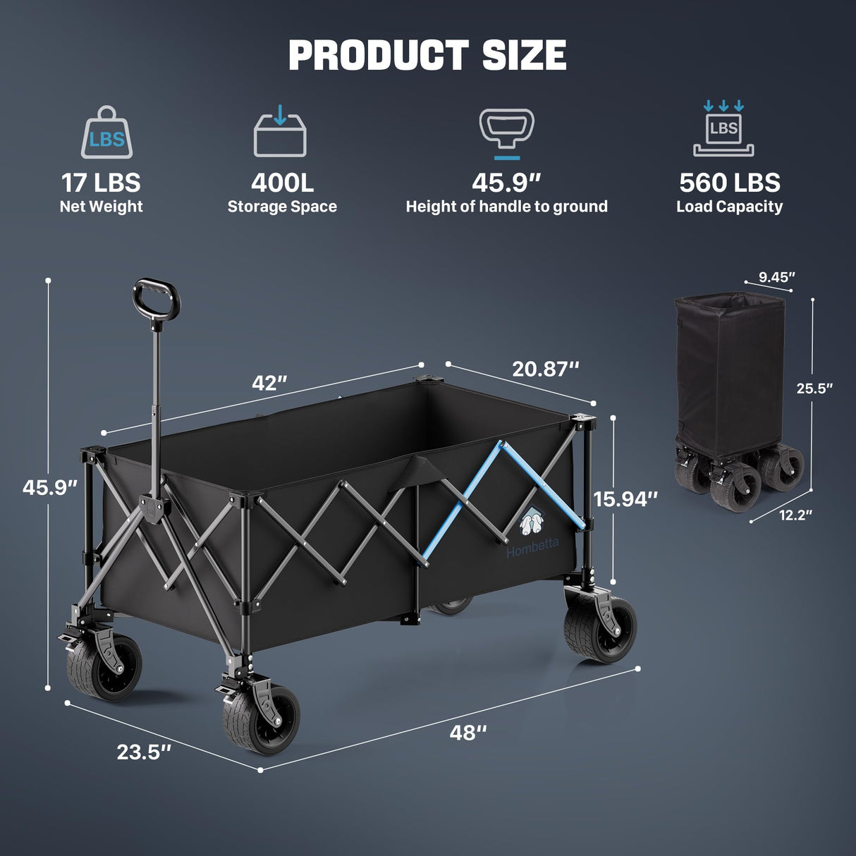 48" XL Collapsible Wagon Cart, 560 lbs Capacity Heavy Duty Folding Wagon with 7" All-Terrain Wheels, Foldable Utility Wagon for Camping, Garden, Shopping, Sports & Moving