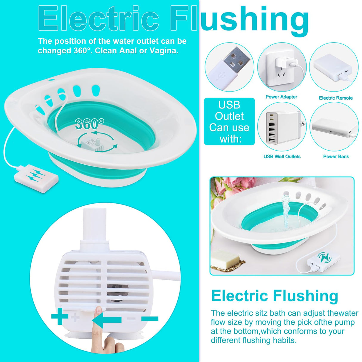 Electric Sitz Bath, Sitz Bath for Hemorrhoids, Sitz Bath for Toilet Seat, Sitz Bath for Postpartum Care, Sits Bath Kit for Women, Automatic Flushing, Foldable, Fits Universal Toilet