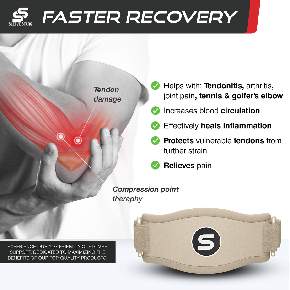 Sleeve Stars Tennis Elbow Brace for Men & Women, Tendonitis Elbow Brace & Strap Golfers Elbow Brace Counterforce Band for Tendon Pain Relief & Support for Forearm w/ 3 Straps Fits 9-23" (Single) (2, Beige, One Size)