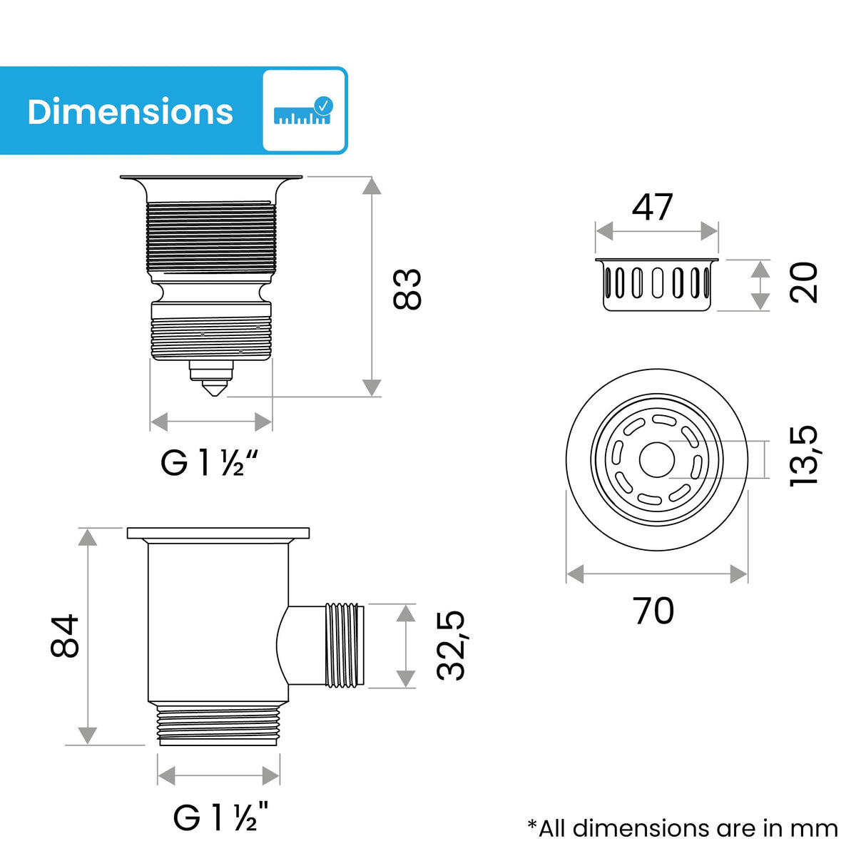 Bchlein Pop Up Drain Fitting with Overflow for the Sink, 70mm, Stainless Steel & Silicone, Kitchen Sink Drain