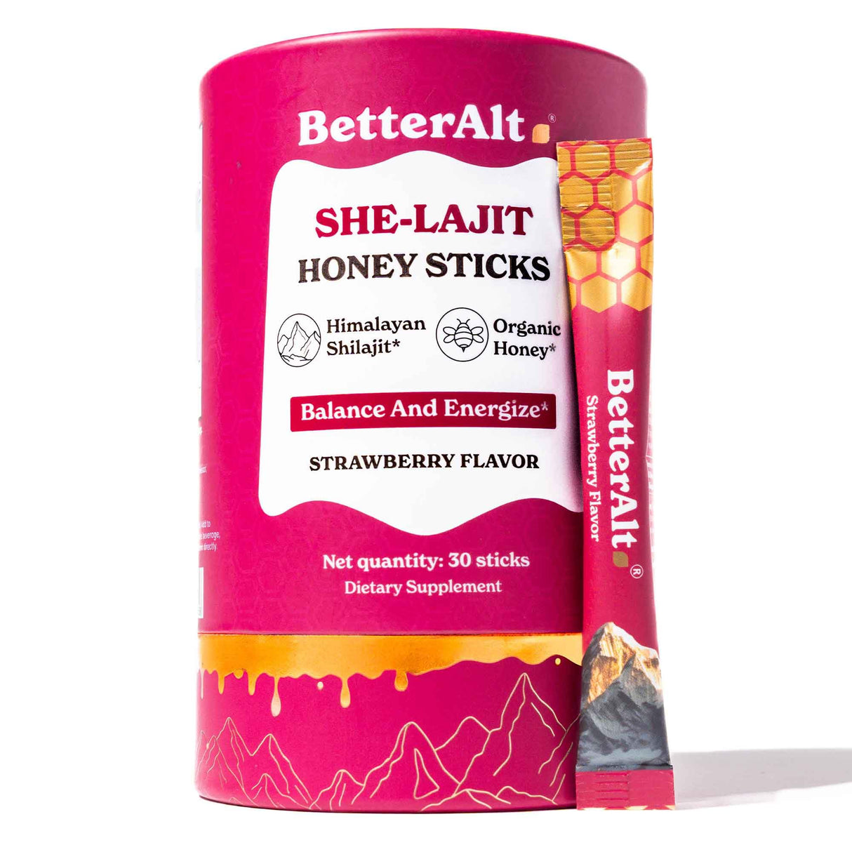 BetterAlt SHE-Lajit Strawberry Honeysticks|Shilajit for Women with Shatavari & Saffron for hormonal Balance & Energy Boost|Tasty Shilajit Honeysticks with Goodness of Pure Himalayan Shilajit|30 Sticks