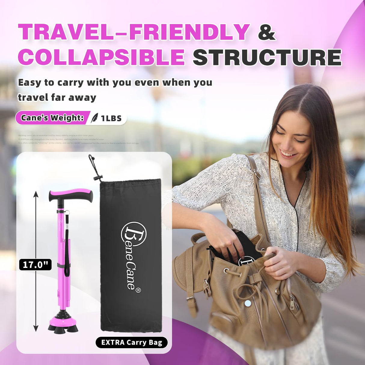 BeneCane Walking Cane for Men & Women Walking Stick for Seniors Folding Canes Quad Cane Adjustable Lightweight Sturdy Collapsible Heavy Duty with Soft TPR T-Handle and Travel Bag