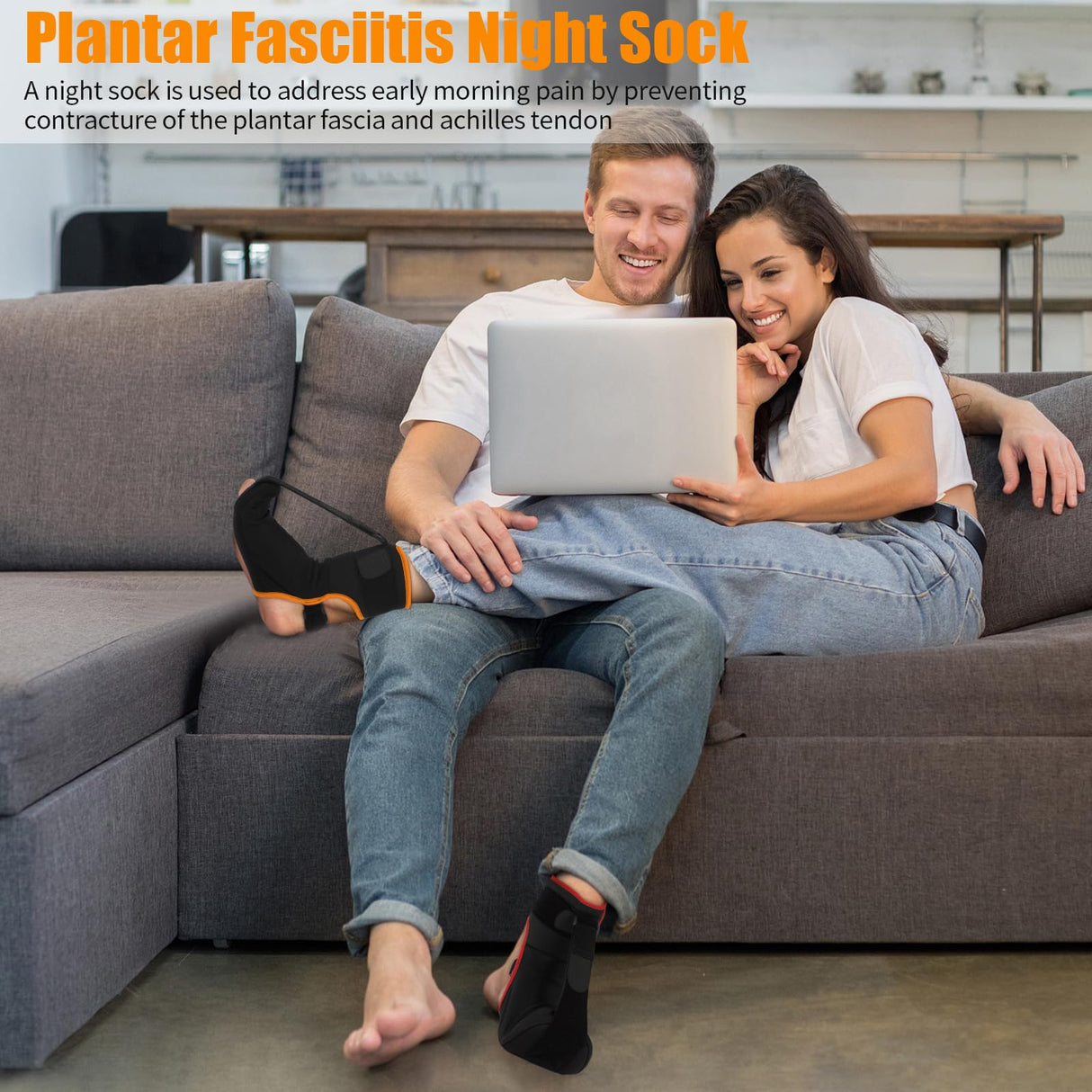 CEZUVR-US Plantar Fasciitis Night Splint Sock: Upgraded Plantar Fasciitis Brace with Support Plate for Women Men for Achilles Tendonitis Foot Drop Heel Spur Pain Relief Black-Orange Large