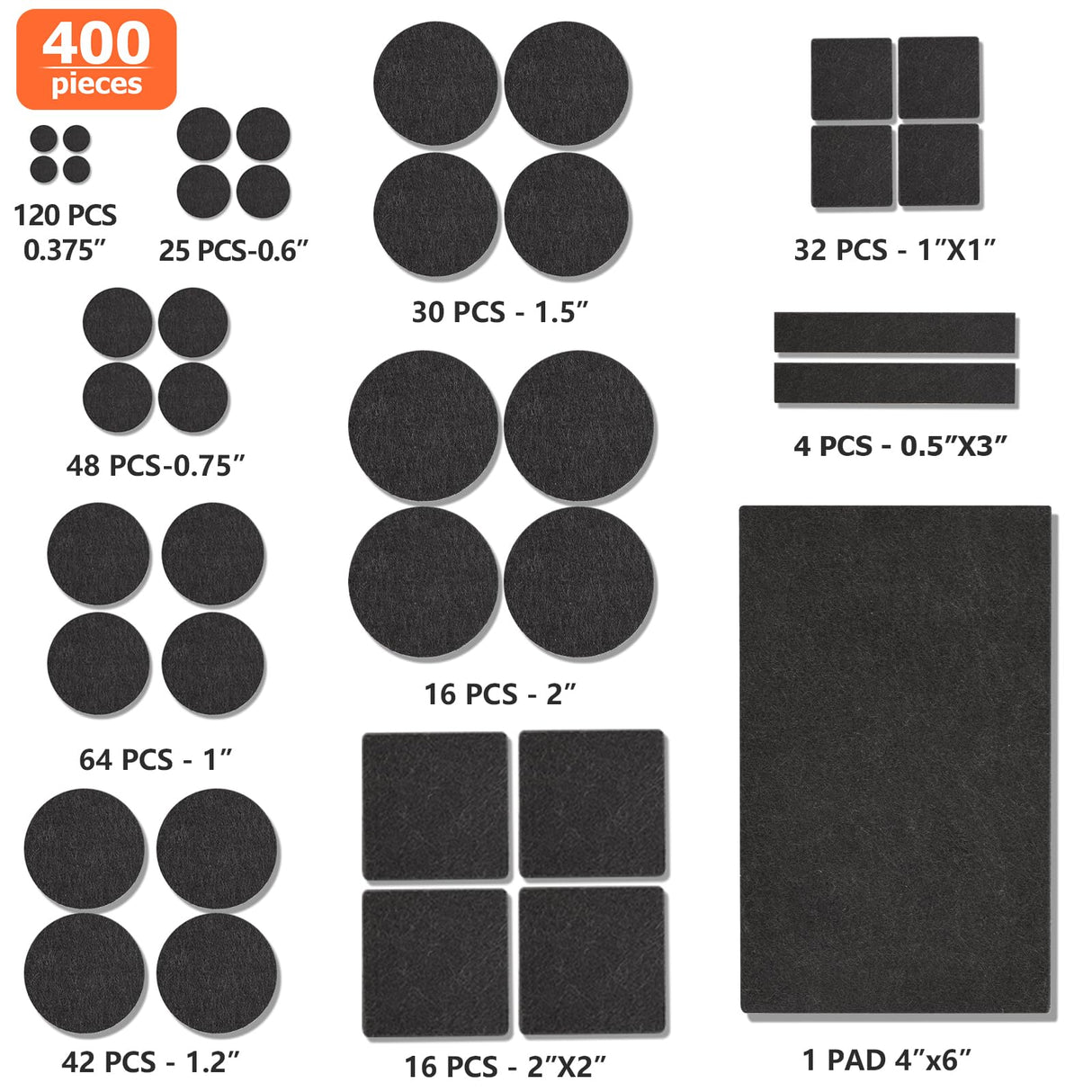 Felt Furniture Pads 400 Pieces, Furniture Pads for Hardwood Floors, Floor Protectors for Furniture Legs, Felt Pads for Furniture, Many Large Sizes Black