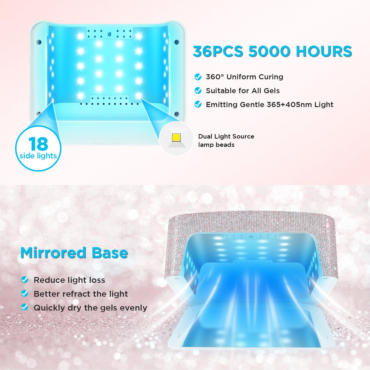 Aedavey Cordless UV Nail Lamp, Rechargeable UV Light for Gel Nails, LED Nail Lamp with 4 Timer Modes, Gel Nail UV Light Decorate with Sparkling Nail Rhinestones (Sparkly White)