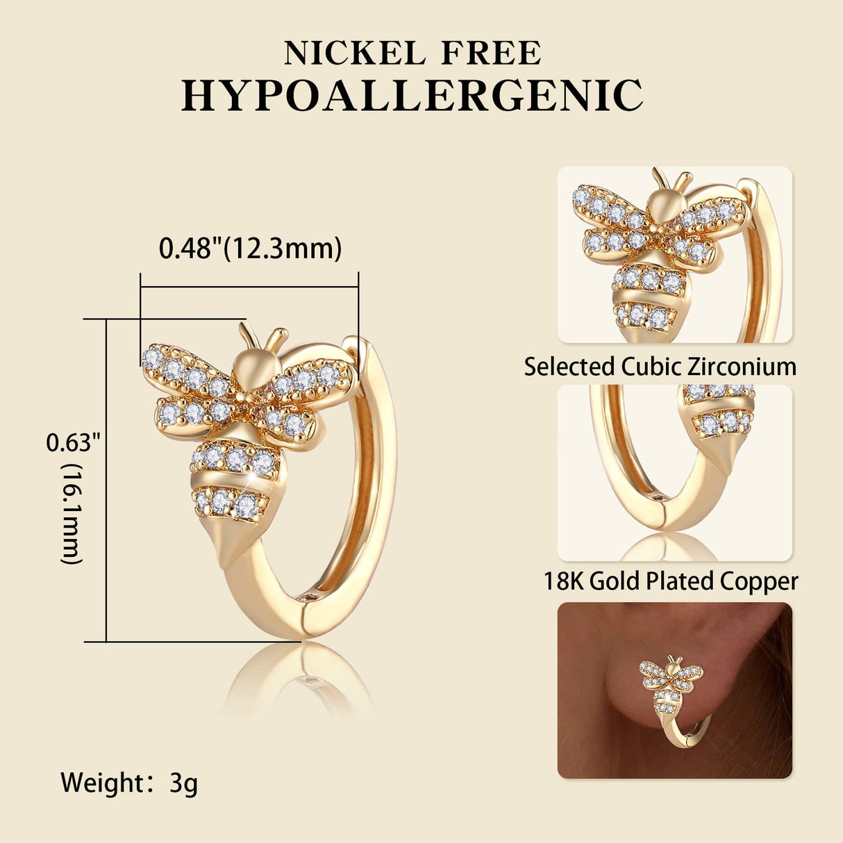 18K Gold Bee Earrings for Women, Hypoallergenic Stud with Cubic Zirconia, Hoop Earrings for Women, Gold/Silver Colors