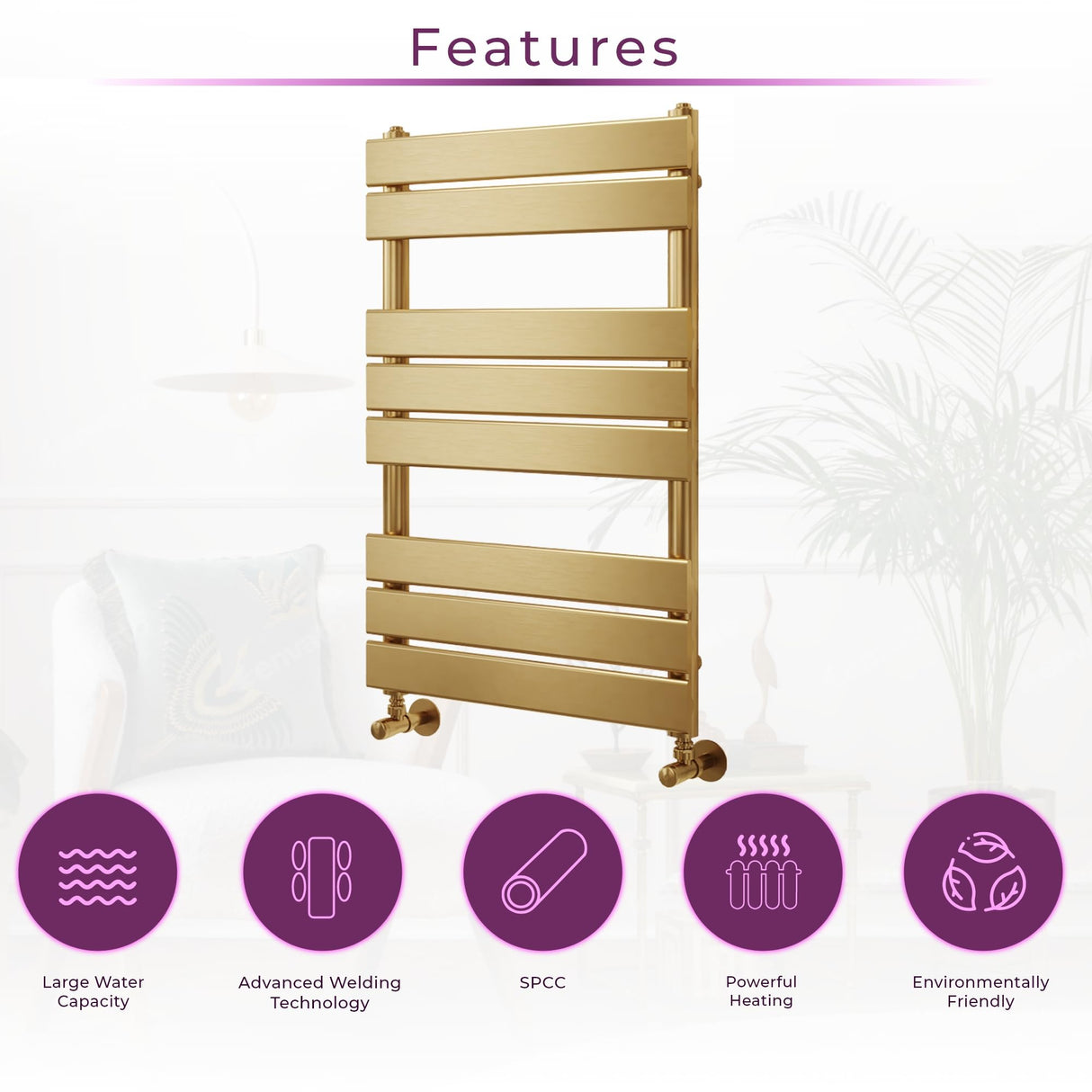 Go Bathrooms Ark Towel Rail 800mm x 500mm Brushed Gold Bathroom Radiator Designer Heated Ladder Rail Flat Panel Ladder Heater