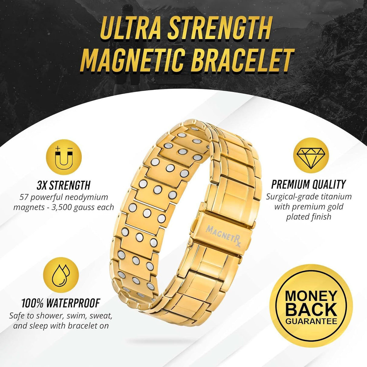 MagnetRX® 3x Strength Magnetic Bracelets for Men – Effective Magnetic Mens Titanium Bracelet – Premium Fold–over Clasp & Adjustable Length with Sizing Tool & Gift Box (Gold)