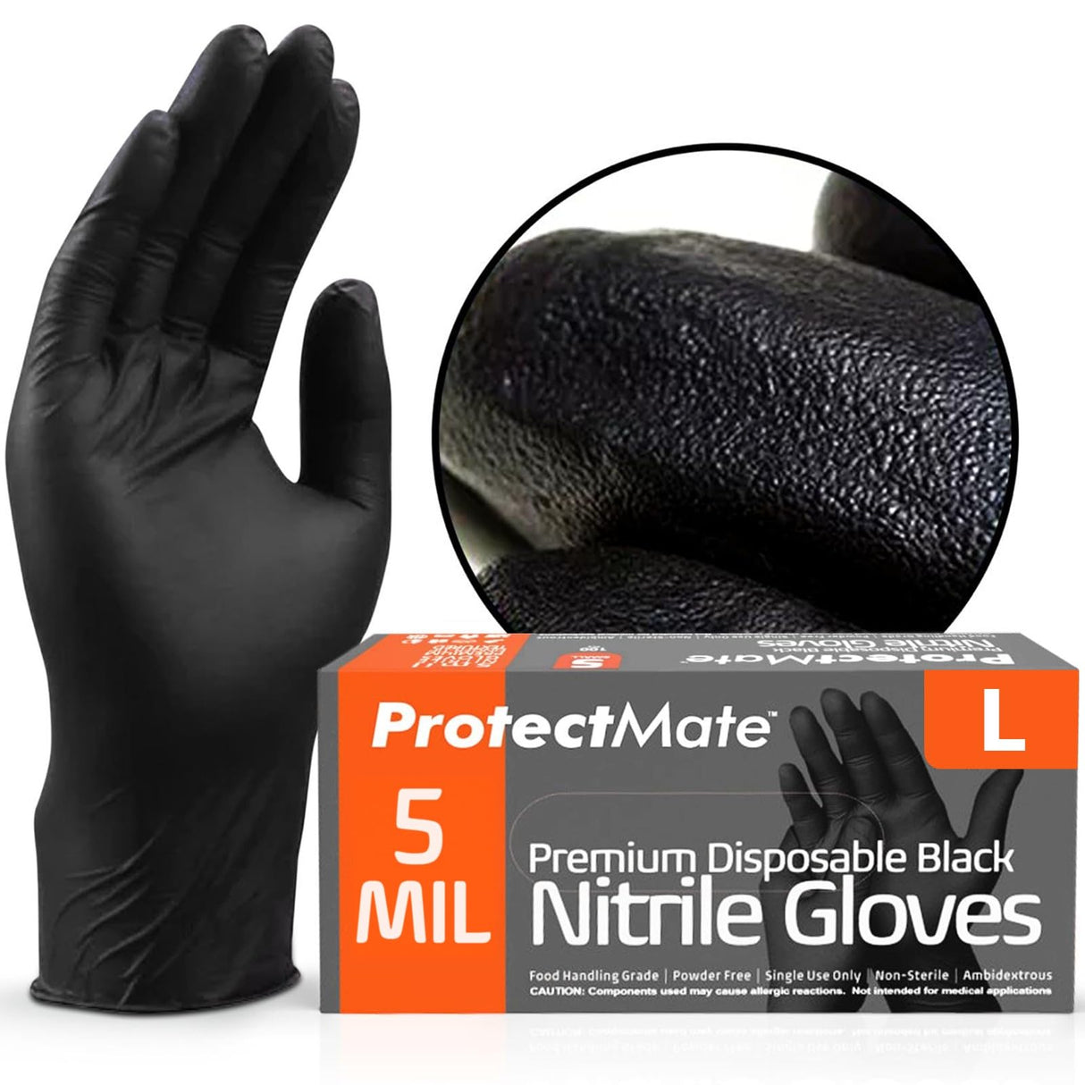 Protectmate 5 Mil Black Nitrile Gloves for Food Prep - Textured Food Prep Gloves - Food Handling Gloves Disposable Latex Free Gloves for Cooking, Catering, Food Service - Large (Box of 100)