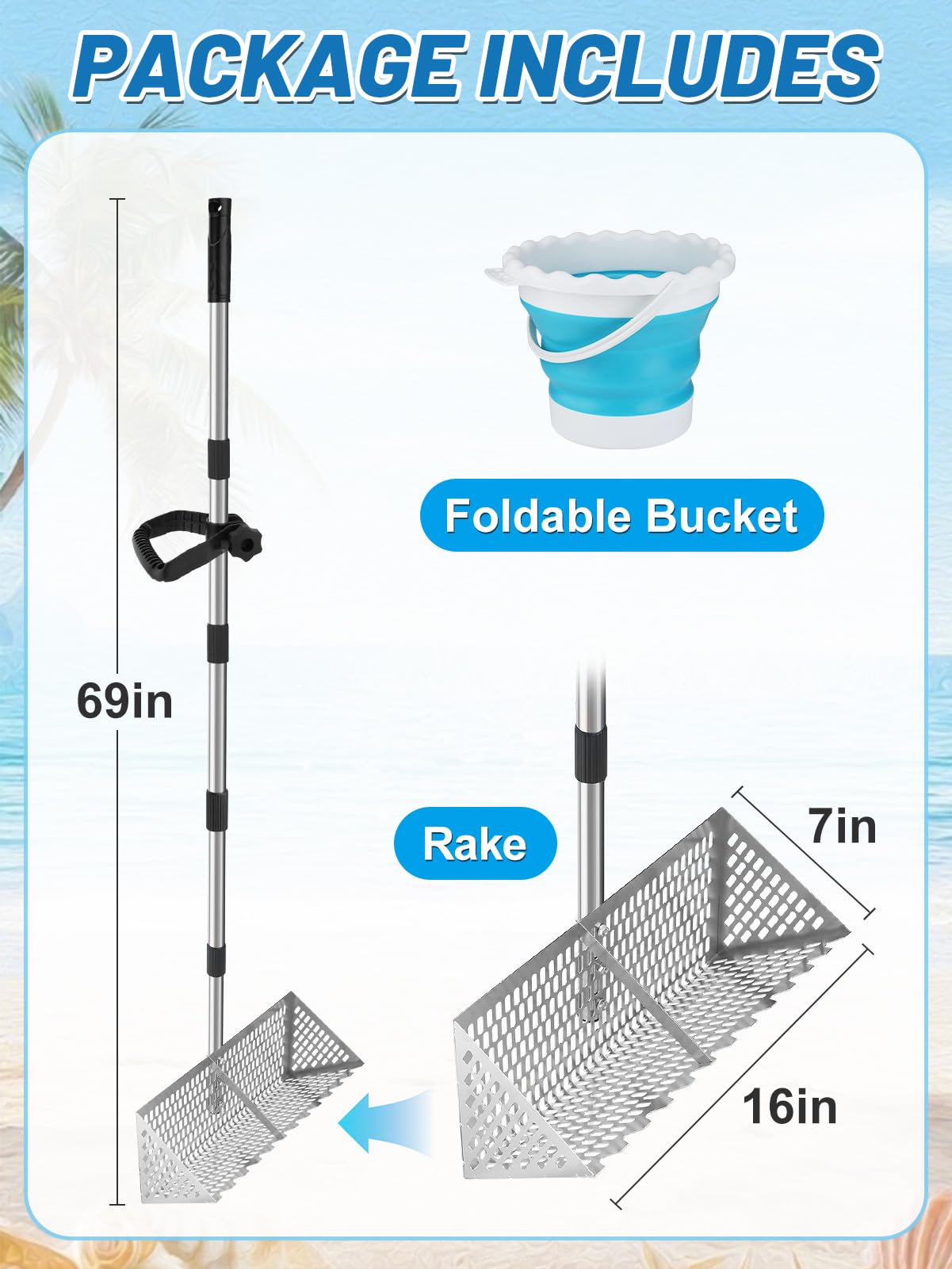 69in Effortless Sand Flea Rake - Stainless Steel Shark Tooth Sifter with Bucket, Sands Sifter Shelling Tools for Beach Metal Detecting Beachcombing