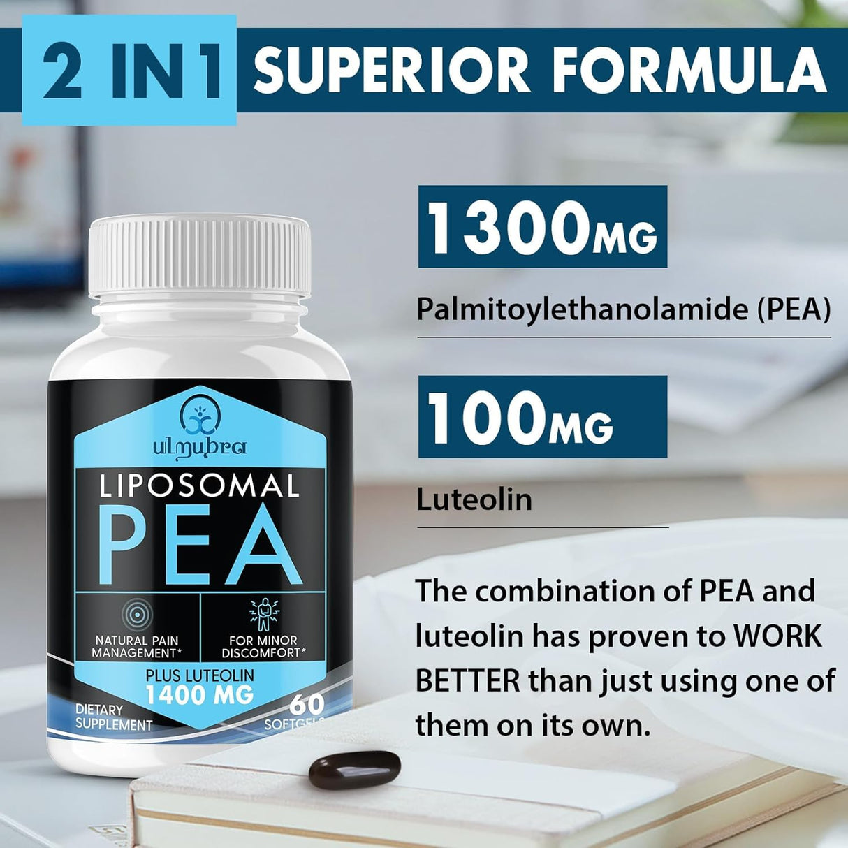 Ulmubra Liposomal Palmitoylethanolamide 1300 MG Plus Luteolin 100 MG, Superior Absorption, Micronized Pea Supplement for Discomfort Management, 60 Softgels