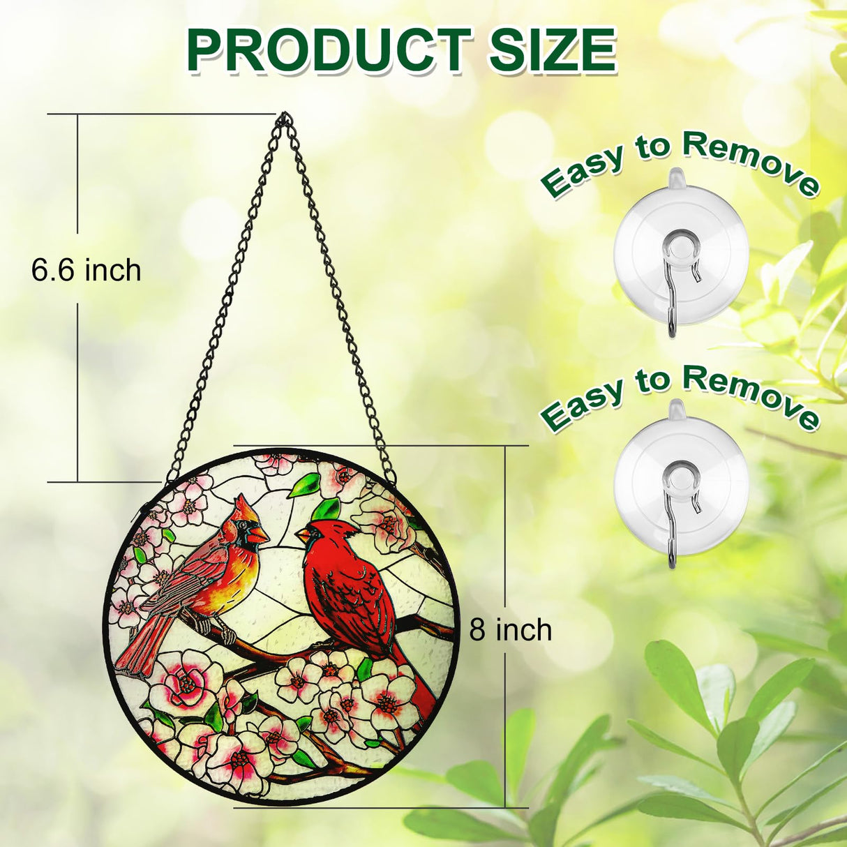 Remiawy Cardinal Stained Glass Window Hanging, 8 Inch Sun Catcher Glass Panel with Metal Chain and Hooks Suncatcher Indoor Window Wall Art Home Decor Gift for Bird Lovers Women Mother's Day Christmas