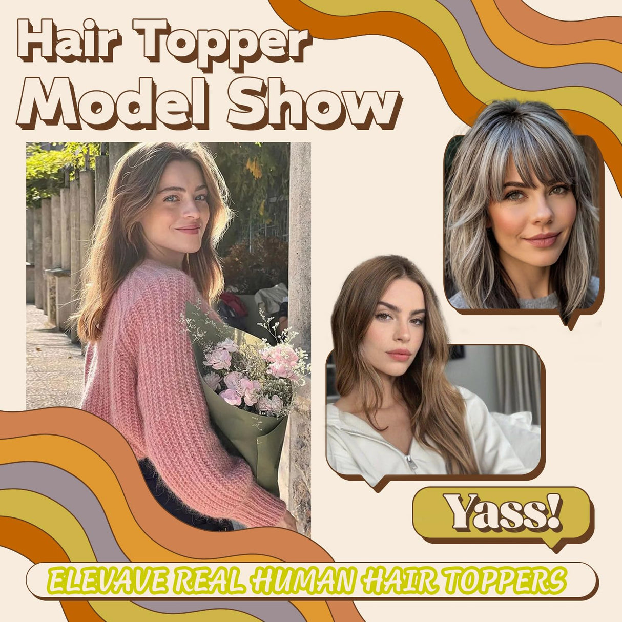 ELEVAVE Hair Toppers for Women Real Human Hair, 360° 3D Cover Wispy Bangs Hair Pieces for Women (Grey)