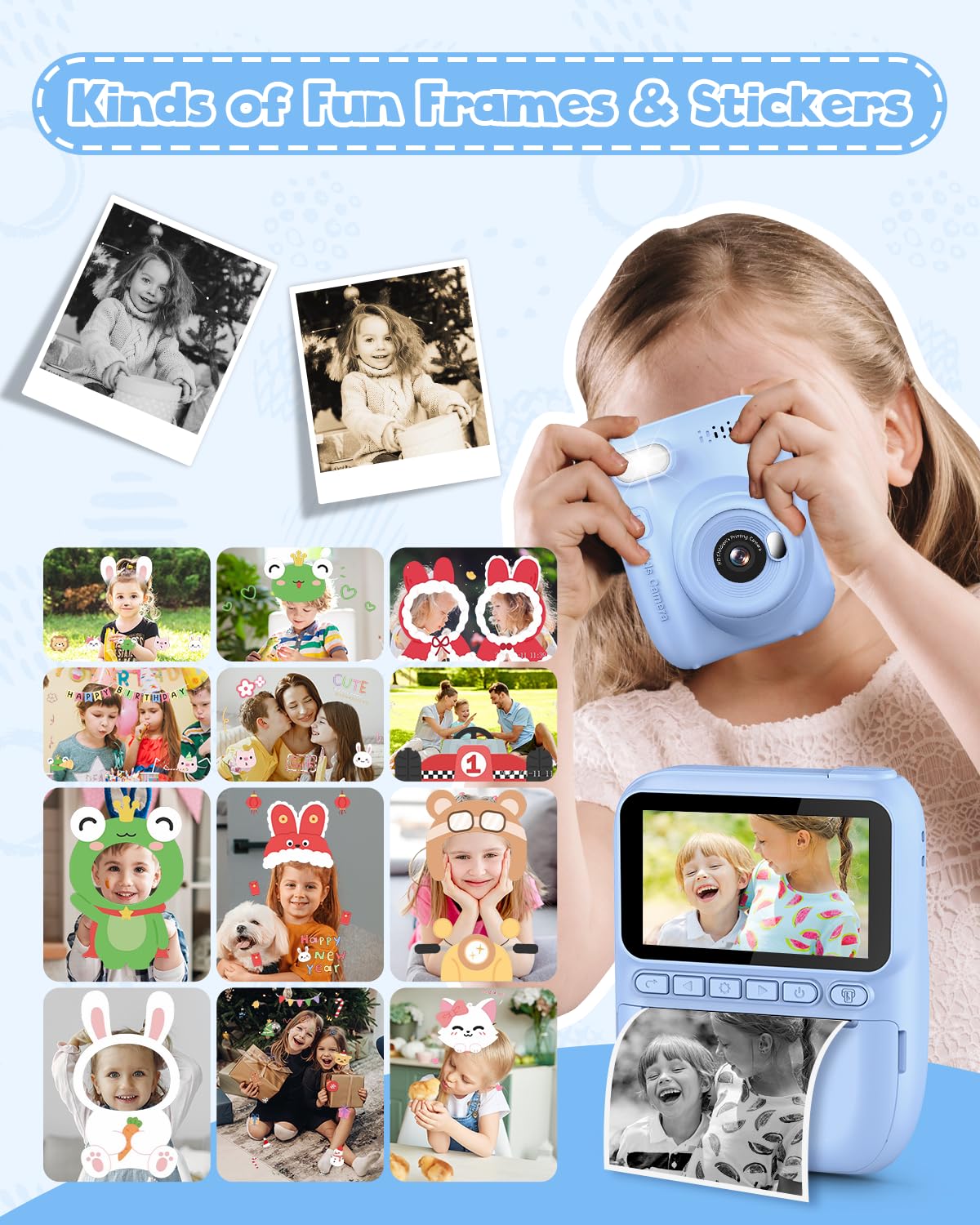 Kids Instant Print Camera, 3.0-inch HD Screen 32MP Photo Instant Digital Camera Christmas Birthday Gifts Toys for Children Girls Boys Age 3-12 - Blue