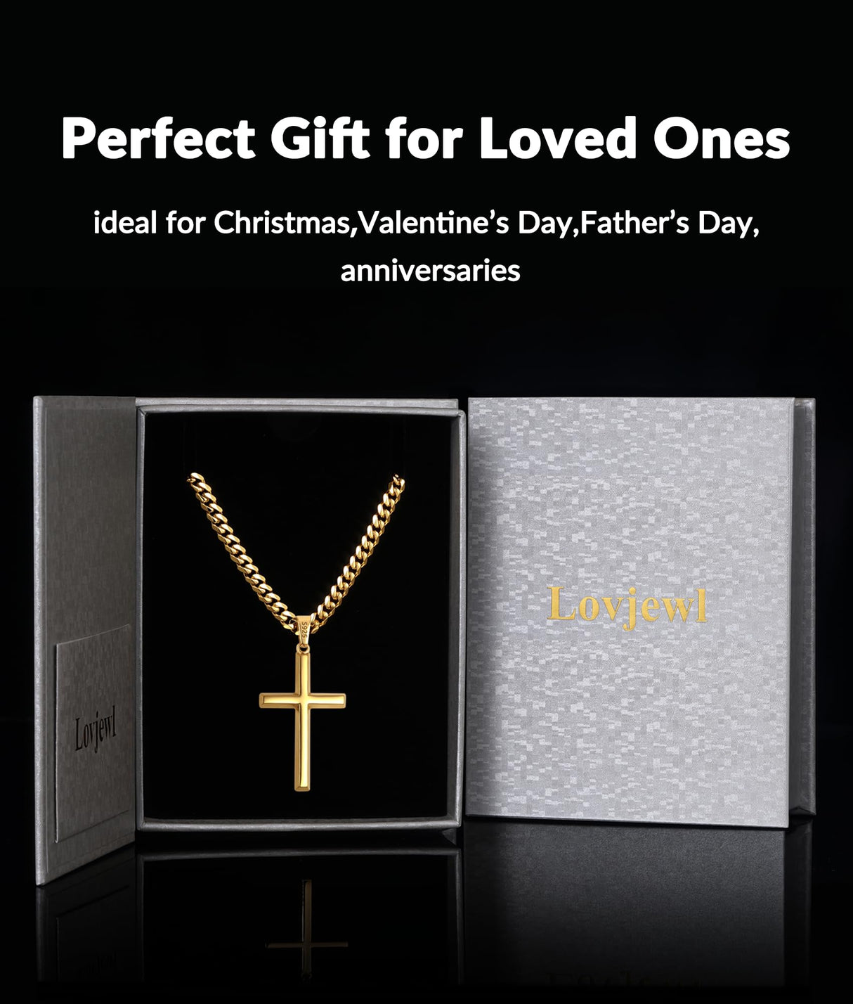 Lovjewl 18K Gold Cross Necklace for Men, Gold Cross Pendant Necklace with 4mm Stainless Steel Cuban Link Chain, Mens Chain Necklaces, Gold Chains for Men 22 Inch
