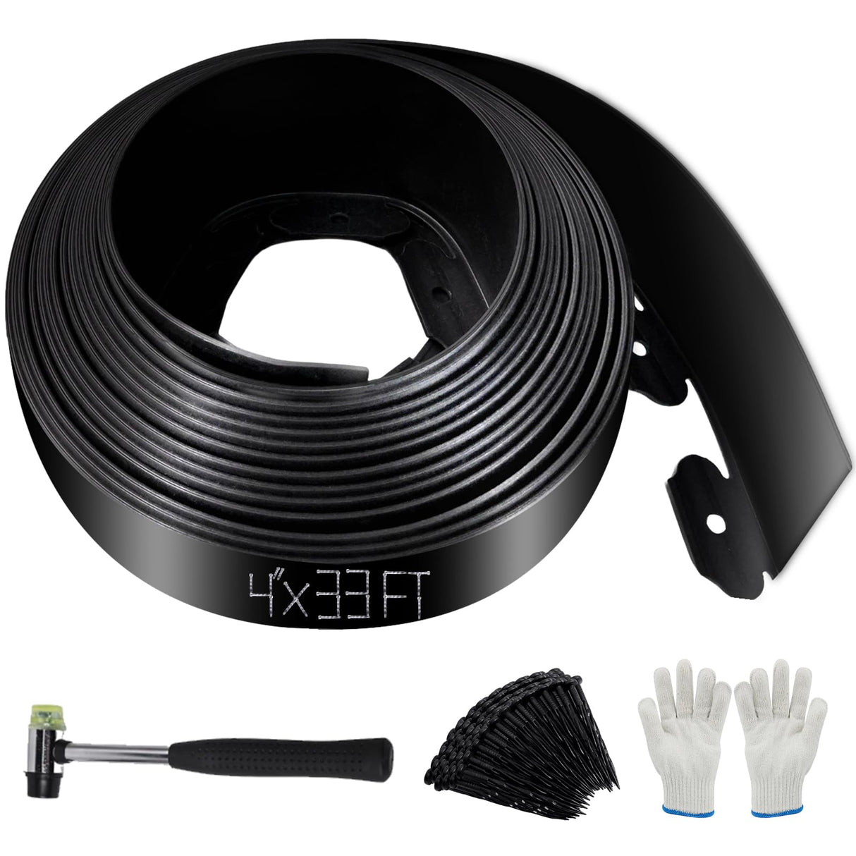 No Dig Landscape Edging 33FT, 4-Inch Plastic Edging, 100 Spikes & Hammer