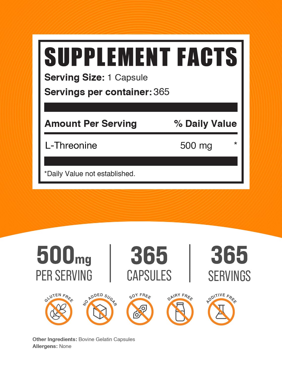 BulkSupplements.com L-Threonine Capsules - L-Threonine Supplement, Threonine 500mg - Amino Acid Supplement, Gluten Free, 1 Capsule per Serving, 365 Capsules (Pack of 1)