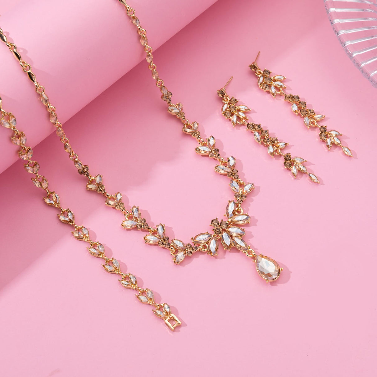 Paxuan Wedding Jewelry Sets for Bride Bridesmaid Bridal Jewelry Set for Women Wedding Crystal Necklace Earrings Bracelet Set for Party Prom Jewelry (Champagne - 14K Gold)