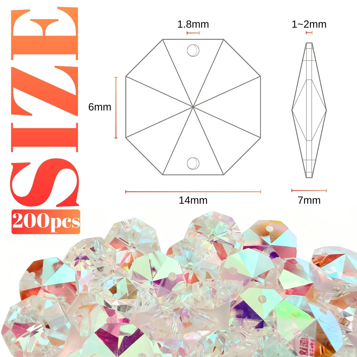 Troyune 200pcs 14mm Crystal Glass Octagon Beads with 2 Holes, Faceted Prism Spacer for DIY Jewelry Making, Chandelier Replacement, Suncatcher, Lamp Hanging Ornaments and Pendant Crafts