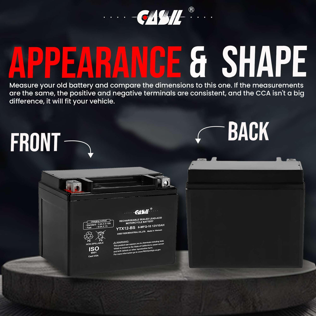 YTX12-BS Battery 12V 10AH 180 CCA - High Performance AGM SLA Power Sport Battery by Casil