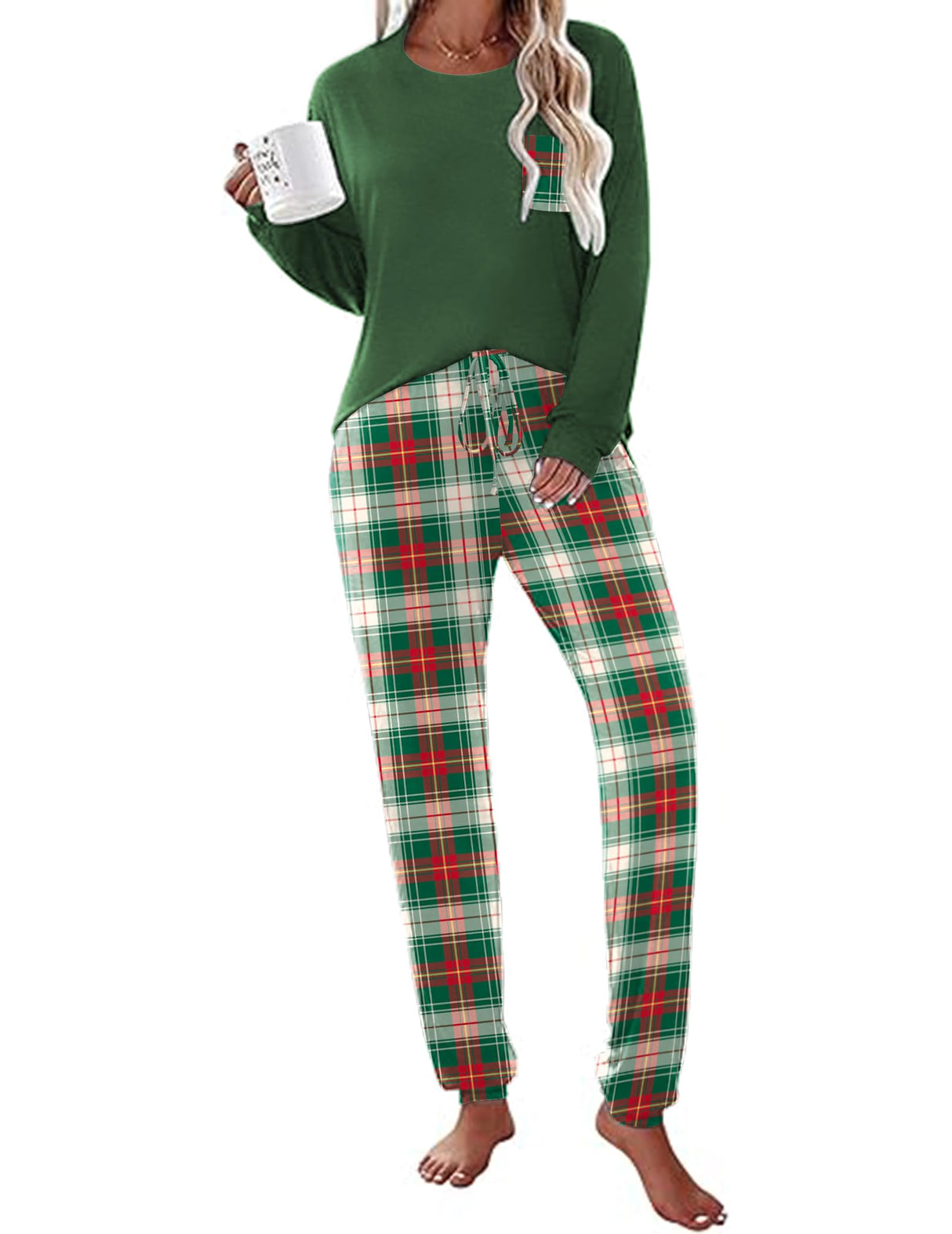 Ekouaer Womens Pajamas Set Long Sleeve Christmas PJ Sets Soft Lounge Set for Women Sleepwear Joggers with Pockets Green Plaid
