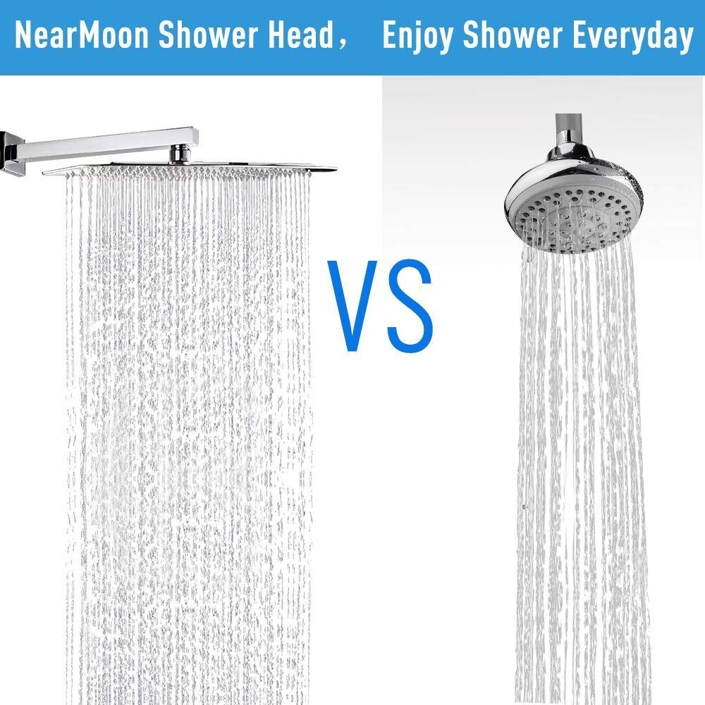 NearMoon Rain Shower Head, High Flow Stainless Steel Square Rainfall Shower, Waterfall Bath Shower Body Covering, Ceiling or Wall Mount (12 Inch, Chrome Finish)