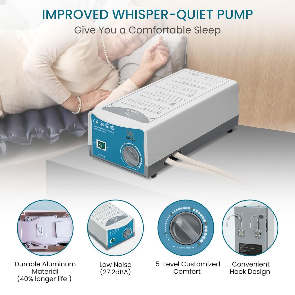 KEKOY Alternating Air Pressure Mattress Pad with Micro Air Vents for Bedsore Prevention, with Whisper Quiet Pump, Waterproof Pressure Relief Ulcer Cushion Pad for Bed Sores for Hospital Bed Home Use