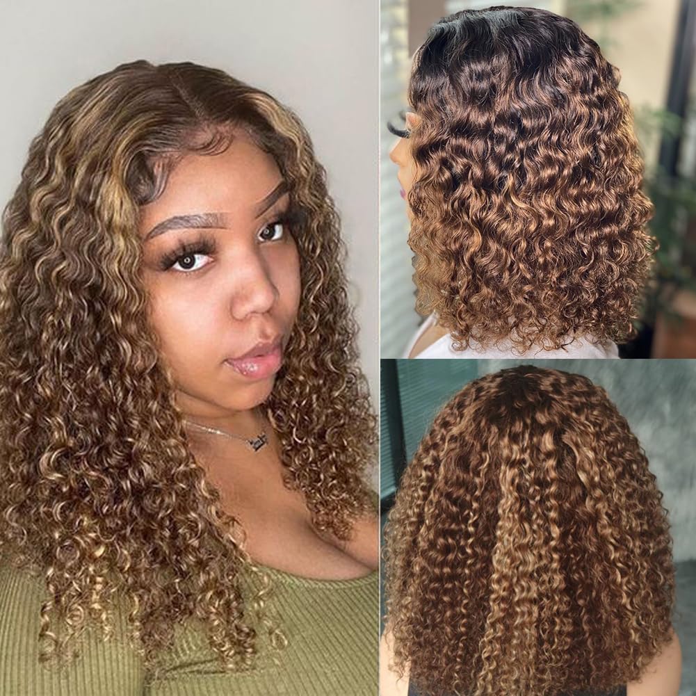 12 Inch Highlight Blonde Wear and Go Glueless Curly Bob Wig Human Hair Pre Plucked,Water Wave No Glue Bob Wigs,Pre cut HD Lace Front Wigs Human Hair Natural Hairline for Women 200% Density