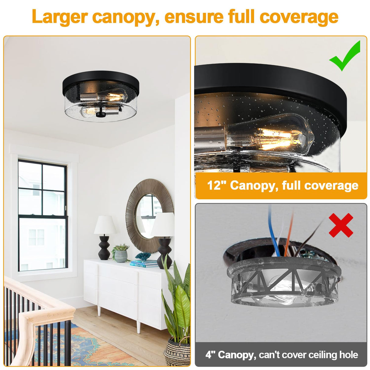 Flush Mount Ceiling Light Fixtures, 2-Light Black and Silver Ceiling Mount for Farmhouse with Seeded Glass Lampshade, Industrial Flush Mount Light Fixture for Hallway, Kitchen, Entryway and Foyer
