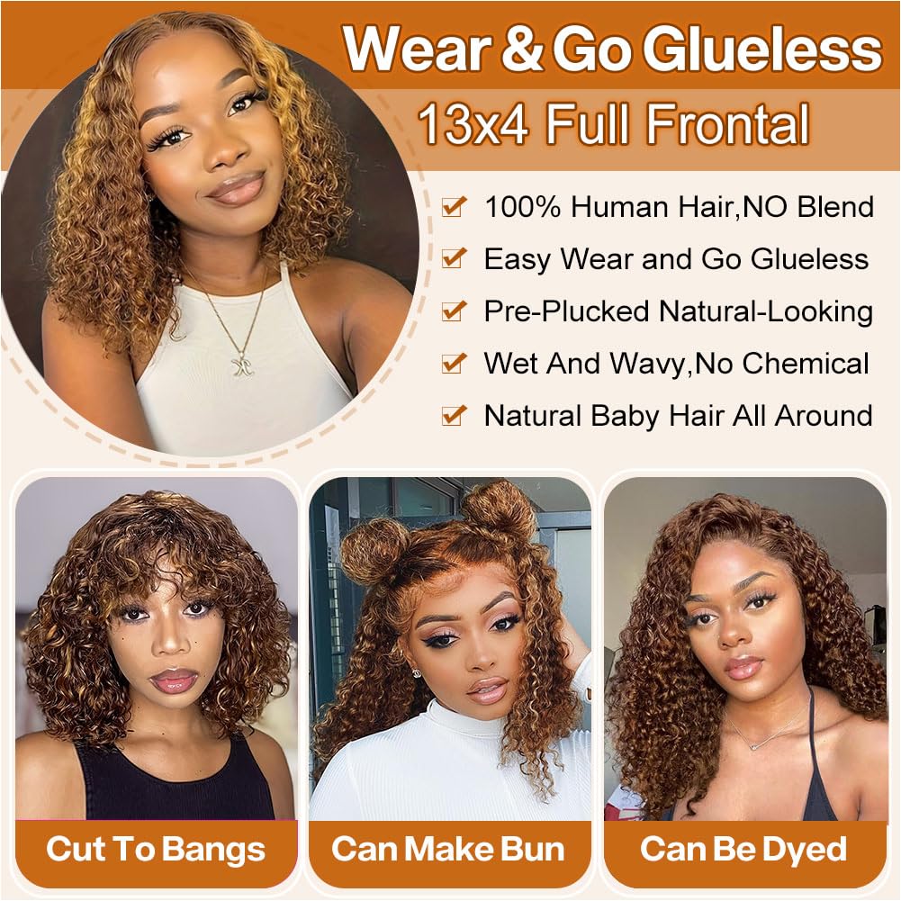 HIRIREMY Ombre Highlight Deep Wave Curly Bob Wigs Human Hair Pre Plucked Wear And Go Glueless 13x4 Hd Honey Blonde Highlight Lace Front Wig Human Hair For Black Women Wet And Wavy 4/27 14 Inch