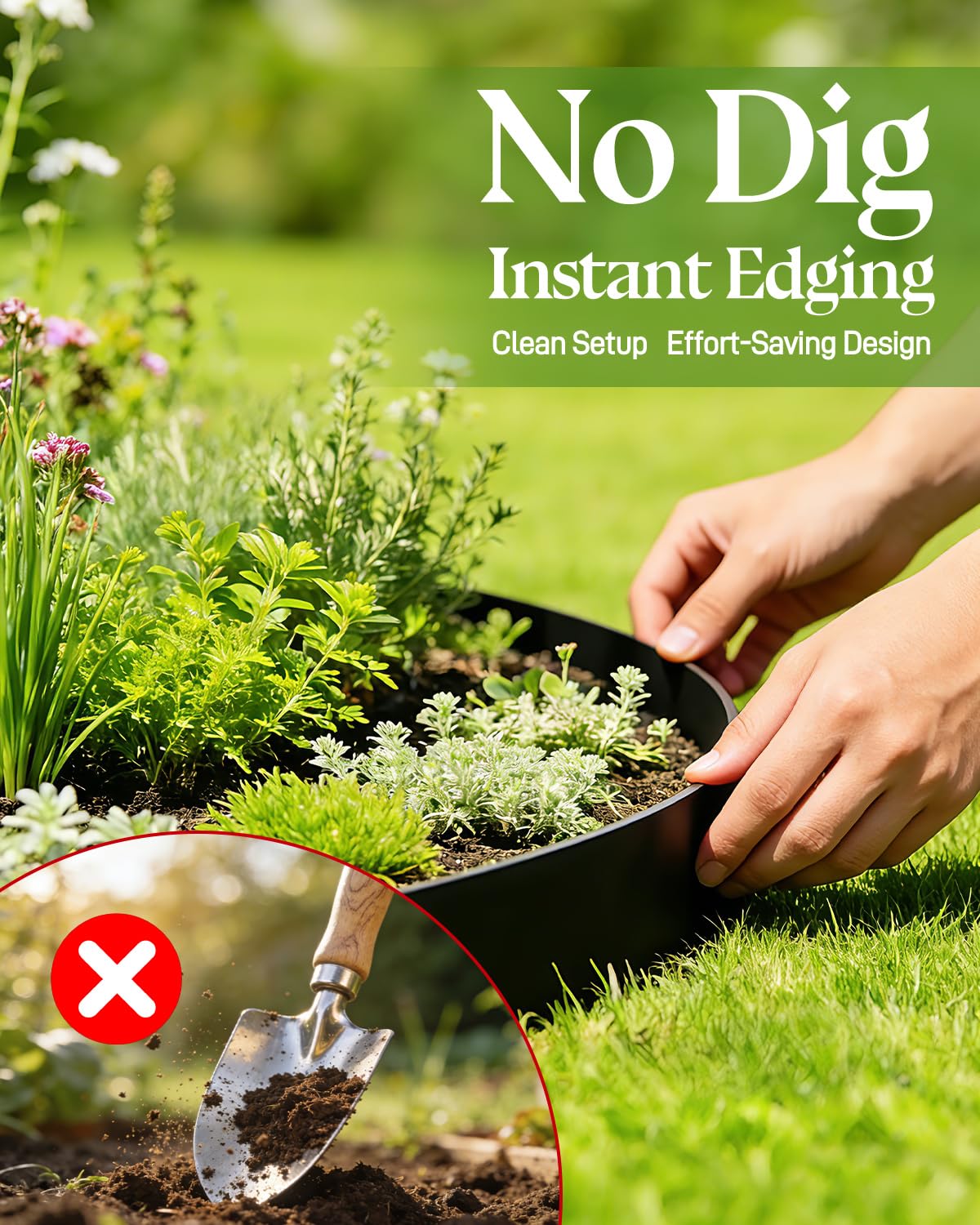 2" Tall 40ft No-Dig Flexible Plastic Garden Edging Kit with 40 Metal Spikes