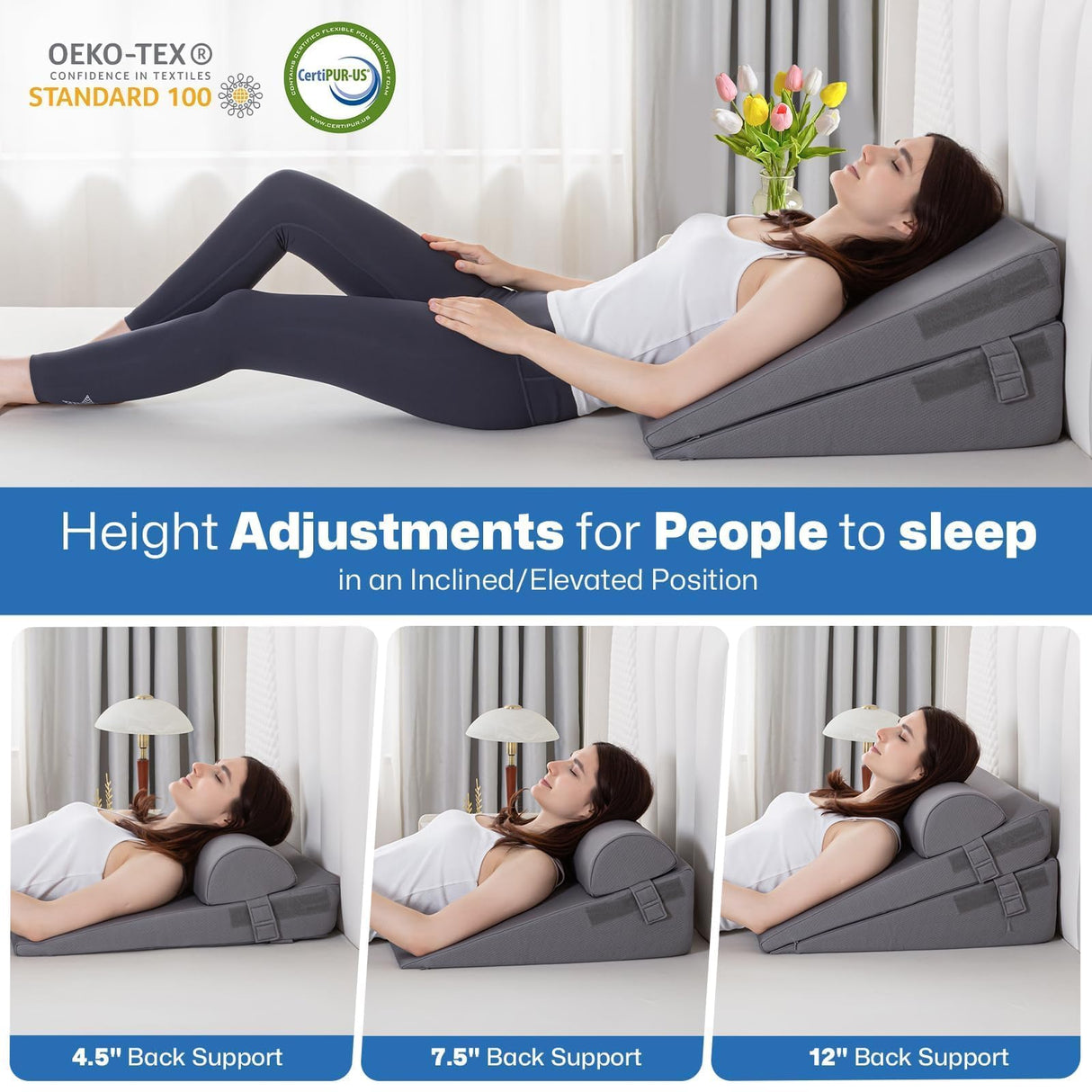 GOHOME Cooling Wedge Pillow Set for After Surgery, 3-Piece Adjustable Memory Foam Bed Wedge Pillow for Sleeping - Acid Reflux, Snoring, Neck Pain and Back Pain, Grey