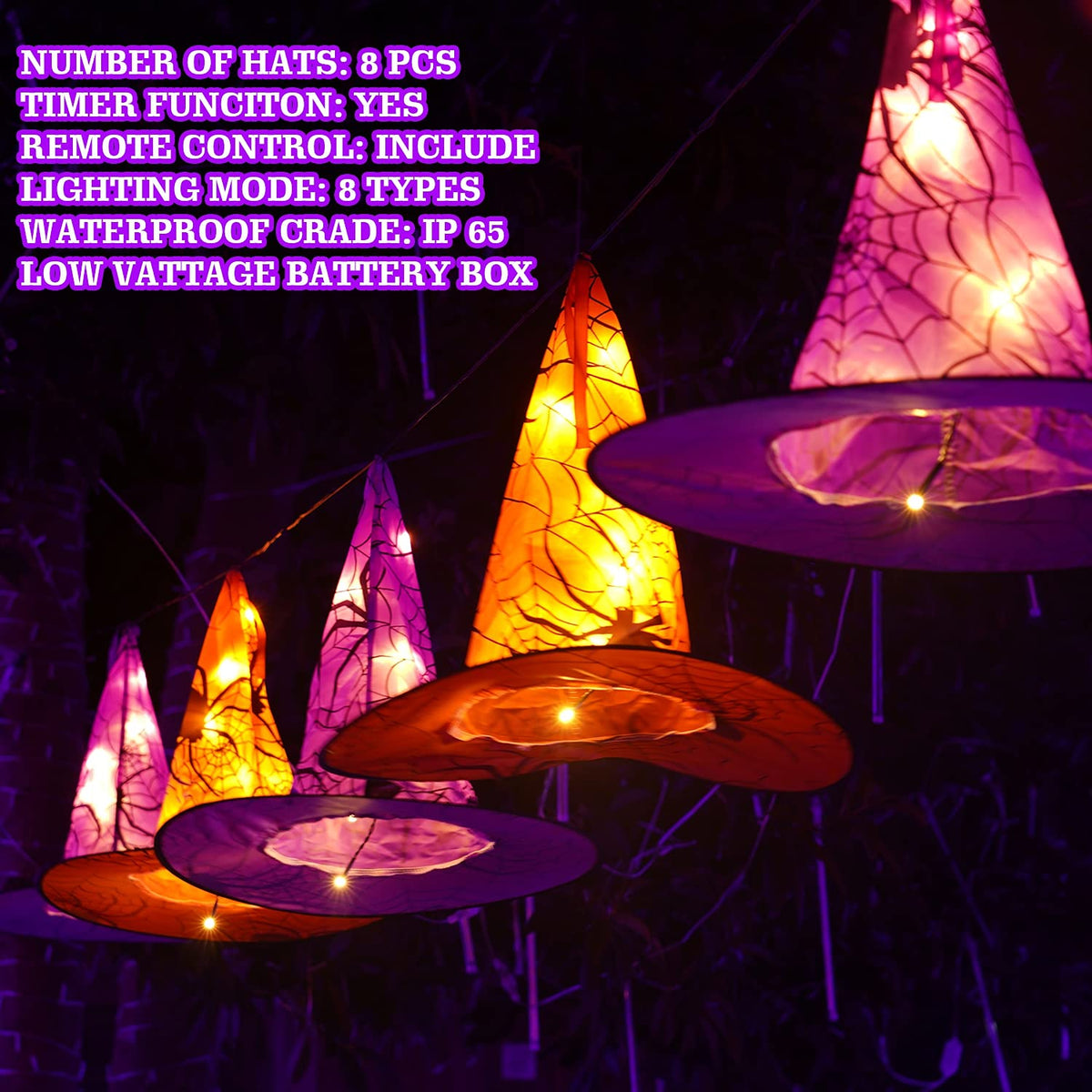 FUNPENY Halloween Decoration Lights, 8 PCS Waterproof Hanging Witch Hat with String Lights with Remote, Hanging Halloween Decorations for Indoor Outdoor Garden Yard Party Decor