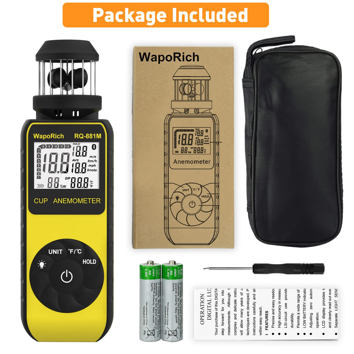 Handheld Anemometer Update Wind Meter with 360° Rotation Any Wind Direction for Measuring Wind Speed, Temperature with LCD Backlight for Shooting, Drone Flying- RQ-881M