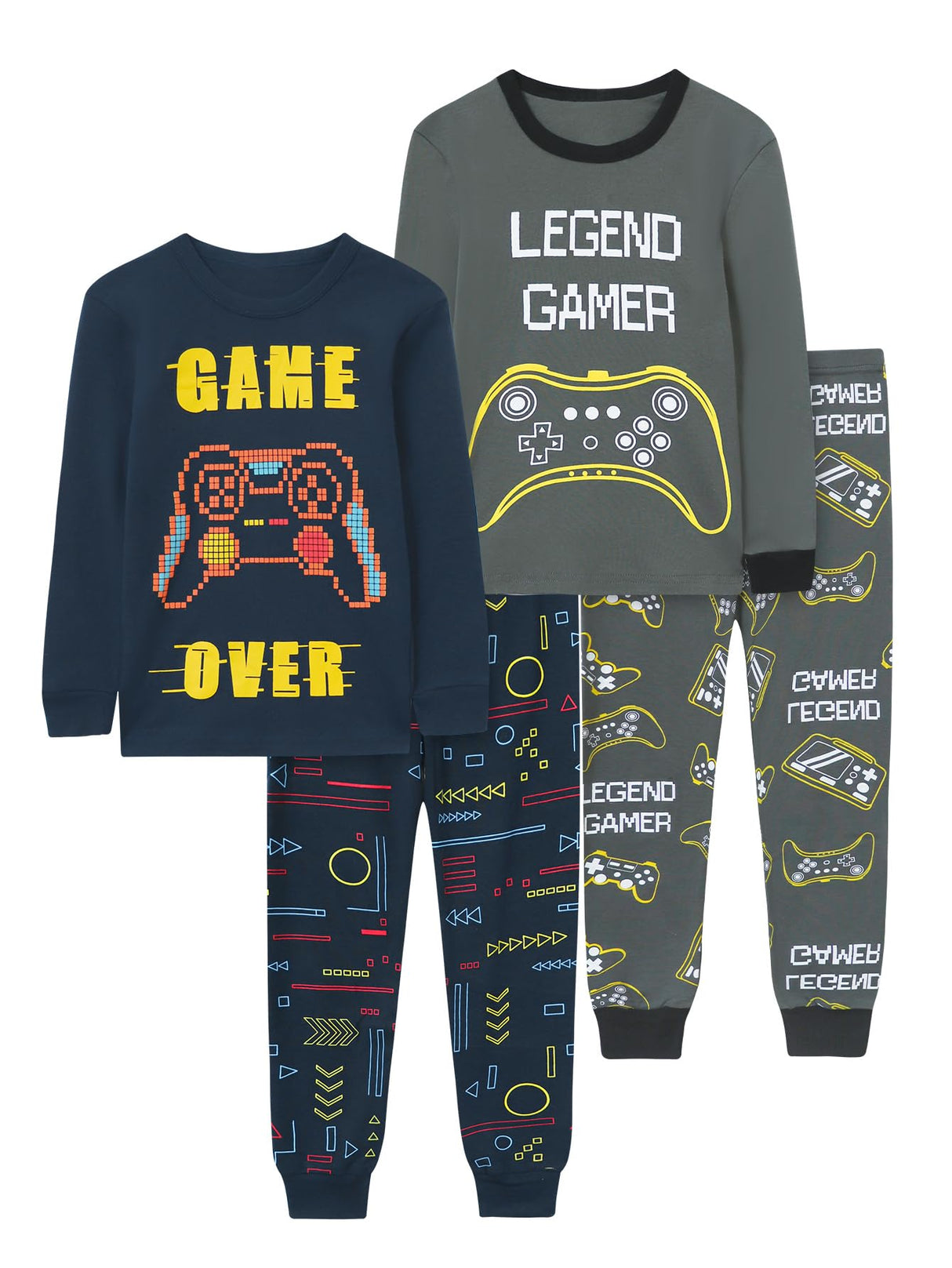 Vopawetty Boys 4-Piece Pajamas Cotton Christmas Halloween Pjs Set Kids Sleepwear (Navy/Grey Gamer, 8)
