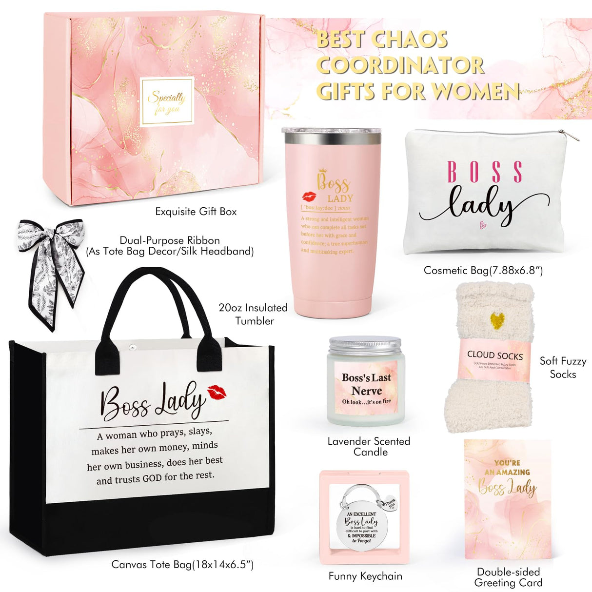Boss Lady Gifts for Women, Best Boss Gift with Grocery Canvas Tote Bag, Funny Boss Christmas Box for Women, Cool Basket for Bosses Female, Office Appreciation Gifts for Birthday Boss's Day Pink